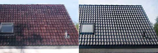 Foto: Dach vor und nach der Reinigung und Beschichtung